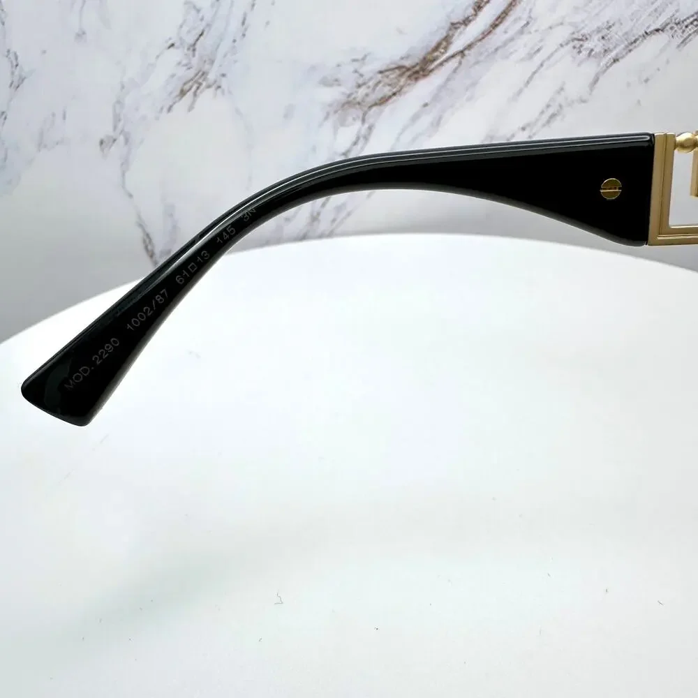 New VERSACE Sunglasses Gold Metal Greca Logo Rectangle Black Gray